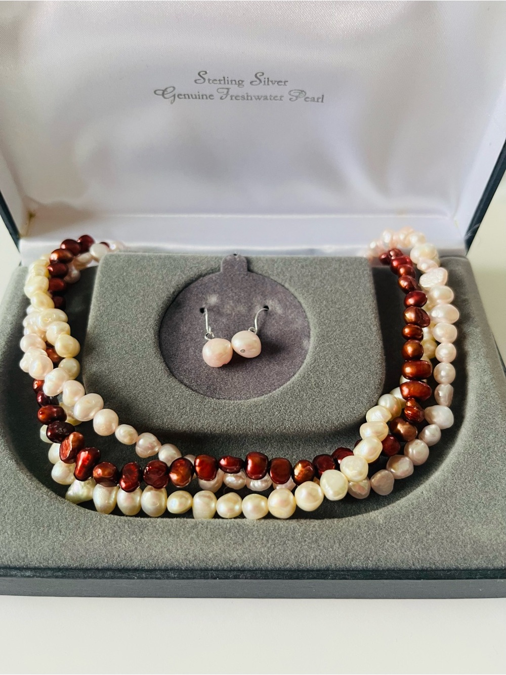 Sterling Silver 3-Strand Genuine Freshwater Pearl Necklace and Earring Set